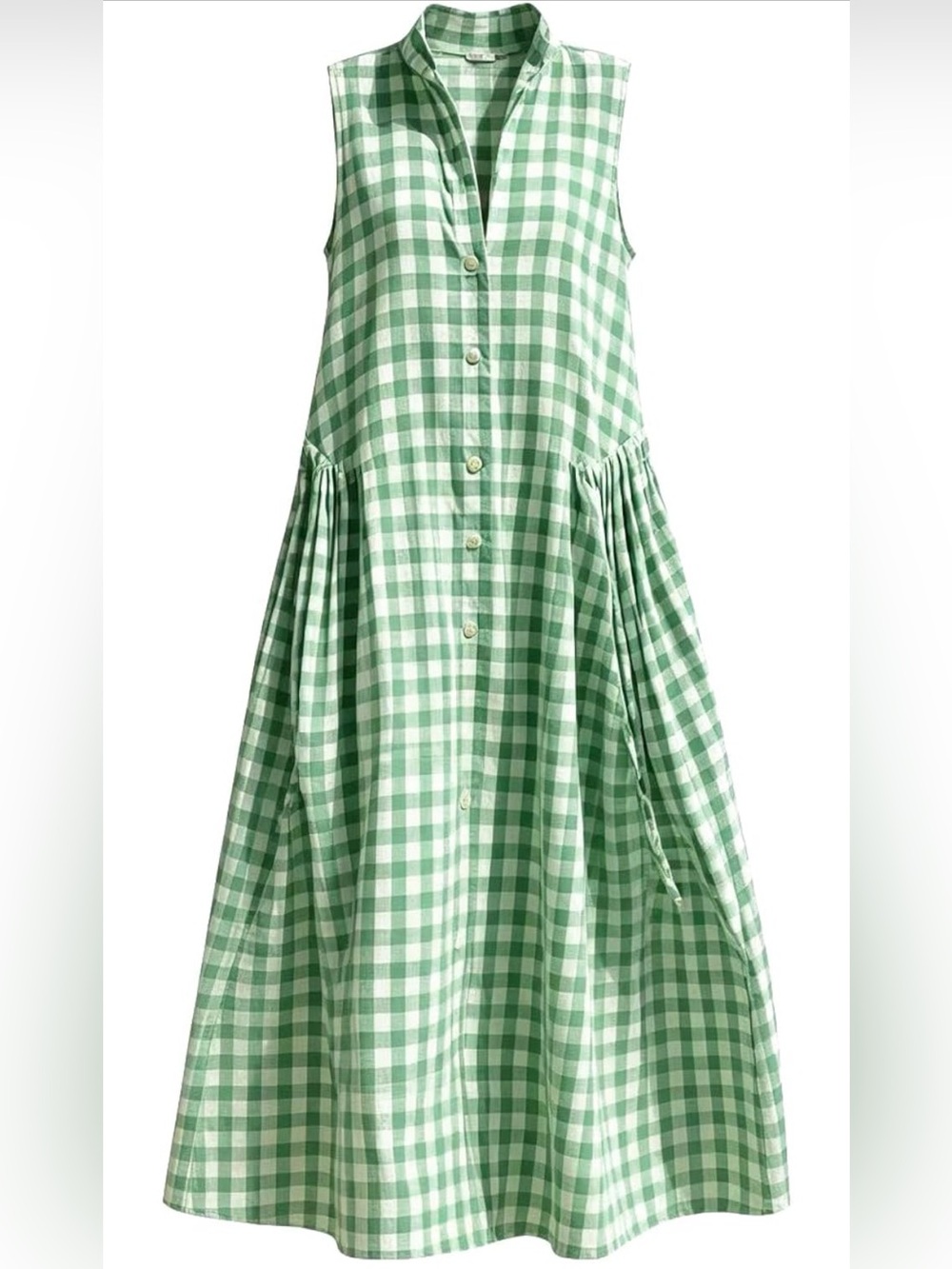 Green Gingham Sleeveless Button-Front Dress